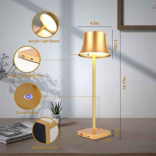 LED Desk Lamp Cordless Table Light, Rechargeable Battery Powered 3 Levels Brightness Dimmable for Outdoor Modern Restaurant Dining Bedroom Study Portable Lights Set of 2 Pack Gold