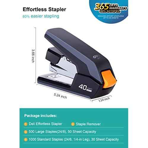 Deli Effortless Desktop Stapler, 40 Sheet Capacity, One Finger Touch Stapling, Easy to Load Ergonomic Heavy Duty Stapler, Includes 1500 Staples and Staple Remover