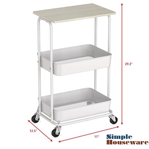 Simple Houseware 2-Tier Rolling Utility Cart with Lockable Wheels and Wood Top, Metal Storage Organizer Trolley for Kitchen, Bathroom, Office, Craft Room, Maple