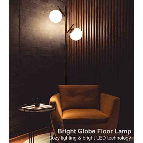 Fiqevs Globe Tree Floor Lamp, Mid Century Modern Standing Lamp with 2 LED Bulbs & Frosted Glass Shades, Retro Tall Pole Lamp for Living Room, Bedroom & Office