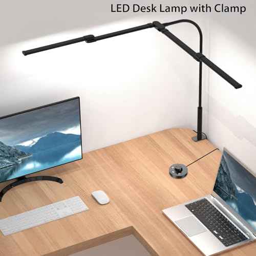 Desk Lamp, Clamp Desks Lamps for Home Office, 24W Flexible Gooseneck Table Lamp, 10 Color Modes & Brightness Eye-Caring Desk Light w/USB Adapter (12V2A Black)