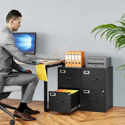 SISESOL 2 Drawer File Cabinet with Lock,Narrow Vertical Filing Cabinet,Under Desk File Cabinets,Black Metal File Cabinets for Home Office,Fit Letter/A4/Legal Size File,Easy Assembly