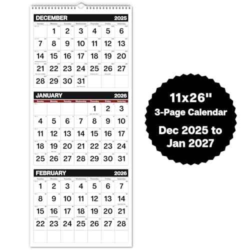 Dunwell 3-Month Wall Calendar 2026, Large Monthly Hanging Calendar with Big Bold Numbers, Easy to Read from a Distance, Use to Dec 2026, For Office or Home, 11x26 Open, Ships Folded