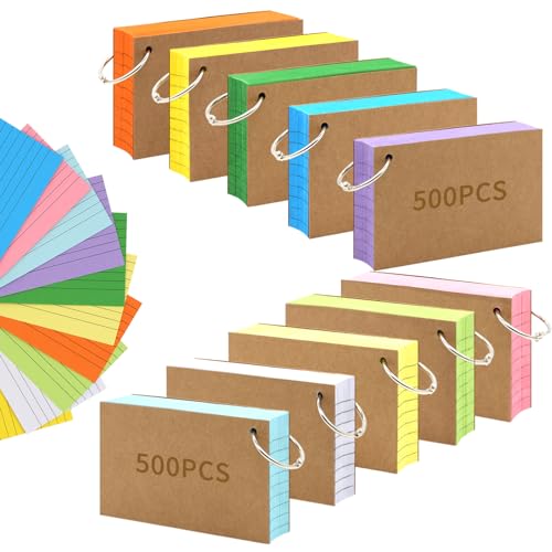 1000 PCS Index Cards 3x5 Inches Colored Flash Cards with Ring, Punched Lined Flashcards Ruled Index Cards Notecards Study Cards Heavy Note Cards for Studying, Learning, School, College, Memory