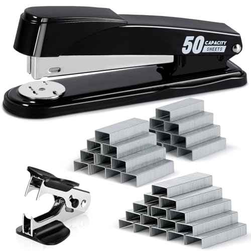 Deli Stapler Heavy Duty, Full Strip Staplers for Desk with 2000 Staples and Staple Remover, 50 Sheet Capacity, No Jam, Non-Slip Office Stapler with Staples for Office, Classroom, Black