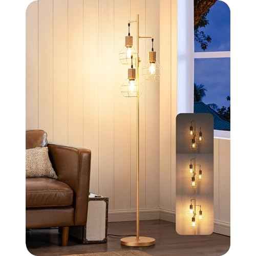 EDISHINE Dimmable Farmhouse Floor Lamp for Living Room, Industrial Standing Lamp with 3 LED Edison Bulbs, Corner Rustic Rattan Tall Tree Reading Lamps Home Decor for Bedroom, Office, Gold