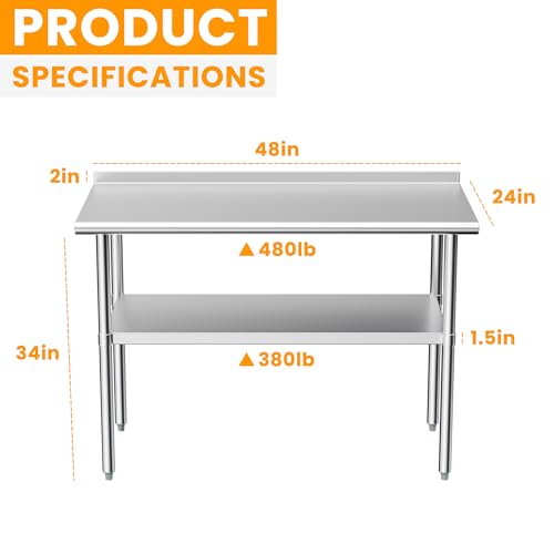 Derro 24x48 Inch Stainless Steel Heavy Duty Prep & Work Table with Backsplash & Adjustable Shelf