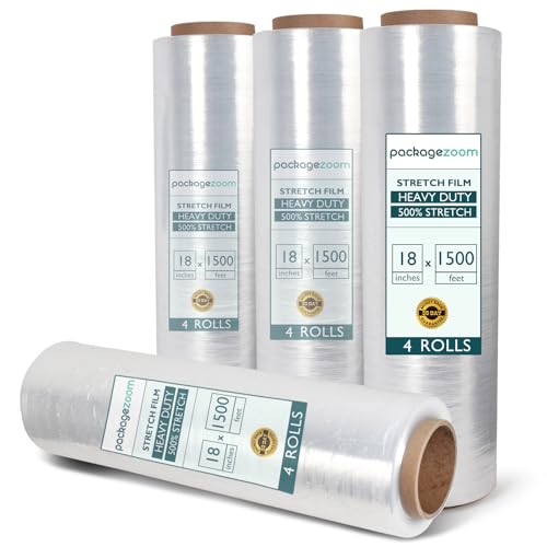 PackageZoom 4 Rolls Clear Stretch Wrap Film 18" x 1500 ft Heavy Duty Packing