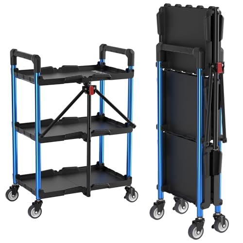 WORKPRO 3-Tier Collapsible Utility Cart Black Blue 210 LBS with Wheels