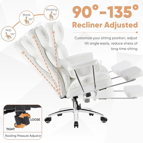 Sweetcrispy Executive Home Office Desk Chair - Ergonomic Big Tall High Back with Footrest & Lumbar Support, Reclining Height Adjustable, Comfy PU Leather Computer Gaming with Swivel Wheels, White