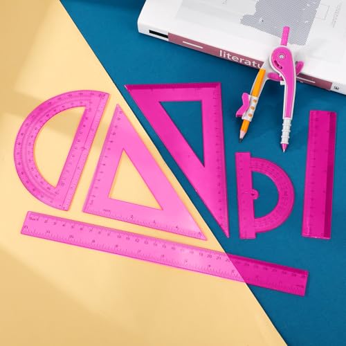 Pink Geometry Math Set with Compass, Rulers, Protractors & Triangles - Zonon 7 pcs