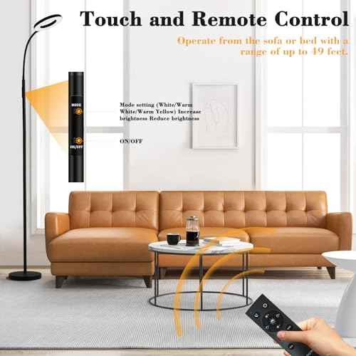 LED Floor Lamp, 12W/1000LM Reading Light, 3 Color Temperatures Bright Floor Lamp, Adjustable Gooseneck Standing Lamp with Remote & Touch Control for Living Room, Bedroom, Office(Black)