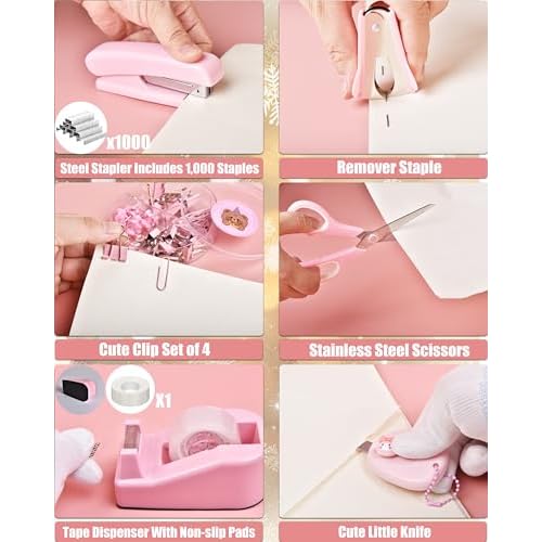 Pink Desk Accessories, 24Pcs Pink Office Supplies and Desk Organizers, with Tape Dispenser, Stapler, Staple Remover, Ect, Christmas Gifts