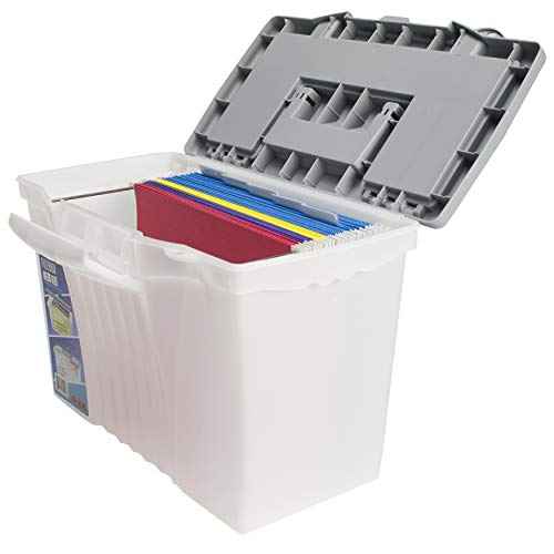 Storex Portable File Box with Organizer Lid, 17.13 x 9.63 x 11 Inches, Frosted/Silver (61511A01C)