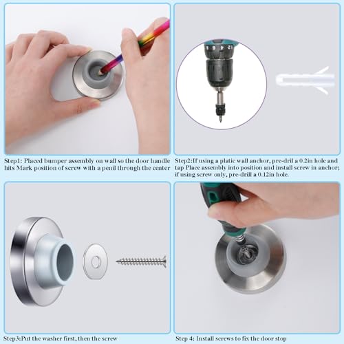 Pangda Concave Wall Door Bumper Stop Silver Stainless Steel Wall Door Bumper with 1-1/8 Inch Gray Round Rubber Protector Stops(Silver,40 Pieces)