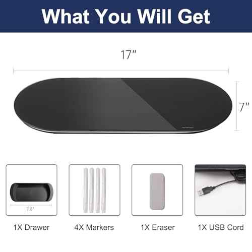 TSJ OFFICE Glass Desktop Whiteboard - 17 X 7 Inches Small Dry Erase Board with Blue Light, Glass White Board Surface Notepad with 1 Drawer, Desk Organizers for Office, Home, School Supplies (Black)