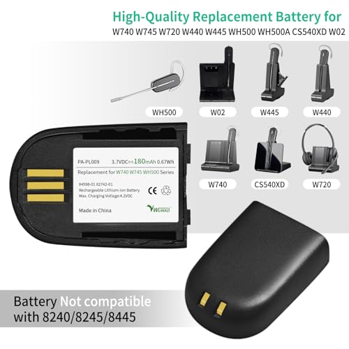 2-Pack 84598-01 82742-01 Battery Upgraded 180mAh for Plantronics Savi WH500 W745 W740 W440 W445 W02 CS540XD 204755-01 Headsets Replacement with 3-Pack Earhooks Spare Earbuds Foam Tube Kit