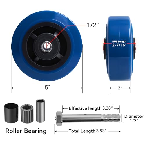5" x 2" Caster Wheels, Polyurethane on Polyolefin Core Wheel with Roller Bearing- 1/2" Bore, Heavy Duty Caster Wheel for Industrial/Commercial-800 lbs Capacity(Blue, 4 Pack)