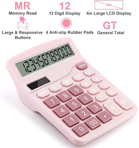 PUNGLTD Pink Office Desk Calculator - Large Display, Dual Power, Basic Financial Functions