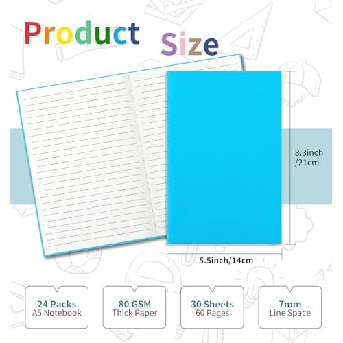 24 Pack Colorful Lined Notebooks for Writing, Journals Bulk, A5 Composition Books, 8.3x5.5 Inch, 60 Pages, 30 Sheets Sketchbooks for Office School Travel Supplies (Lined-24 pack, 12 Colors)