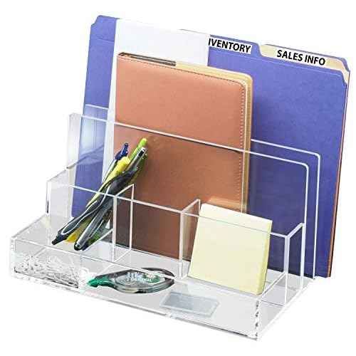 Kantek Clear Acrylic File Sorter/Desk Organizer, Multiple compartments, 2 Large File Sections, 10.5" x 7.5" x 6.7", Fits on 10.5" any Tray, Office Organizer, Desk Accessory