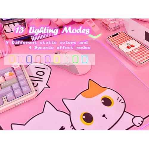 JMIYAV Pink Kawaii Cat RGB Gaming Mouse Pad 31.5x12 Inch PC XL Large Extended Glowing Led Light Up Cool Mouse pad Desk Pad Non-Slip Rubber Jmiyav Computer Mouse Pad Cute Mousepad Mat 31.5x12 Inch