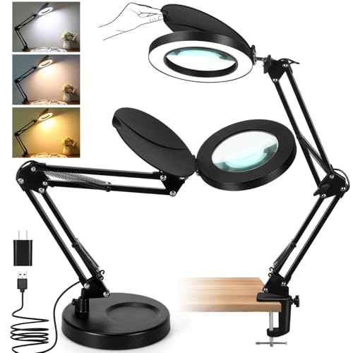 Veemagni 2-in-1 Magnifying Glass with Light and Stand, 3 Color Modes Stepless Dimmable, 4X Real Glass Desk Lamp with Clamp & Lens Cap, LED Lighted Magnifier with Light for Reading Crafts Close Works