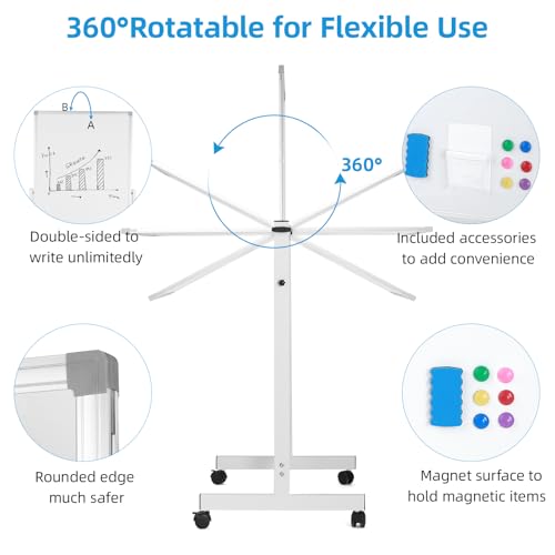 VOWNER 40x28 White Double-Sided Magnetic Rolling Whiteboard, Height Adjustable
