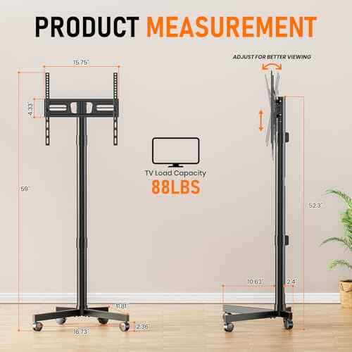 Mobile TV Cart Rolling TV Stand for 23-60 Inch LCD LED OLED Flat Curved Screens up to 88 lbs, Height Adjustable Portable TV Cart with Locking Wheels, Outdoor TV Stand Mount, Max VESA 400x400mm, Black