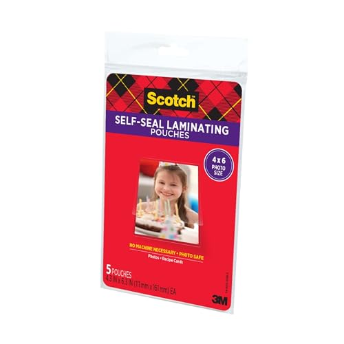 Scotch Self-Sealing Laminating Pouches 4 x 6 Inches, Gloss Finish, 1 Pack of 5