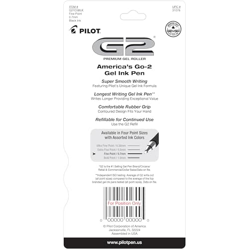 Pilot G2 Premium Gel Pens Fine Point 0.7mm Black Ink 5-Pack - Refillable, Smooth Writing