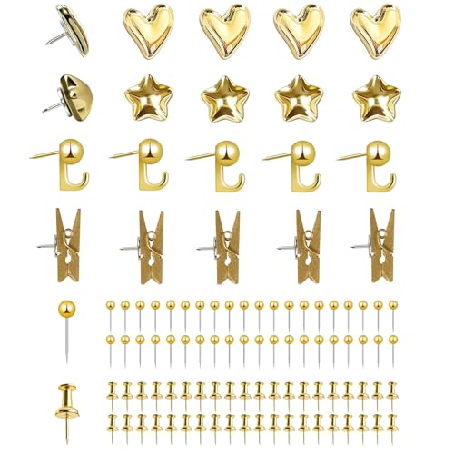 KEYDUACU Gold Push Pins Set, 150 Pcs with Storage Box - Heart, Star, Hook, Clip, Round & More