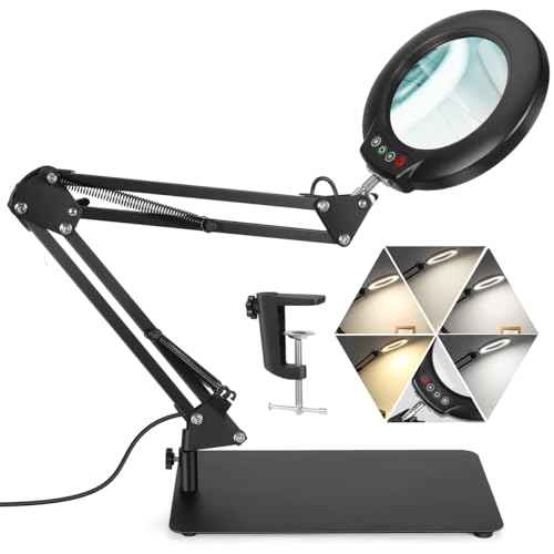 Veemagni 10X Magnifying Glass with Light and Stand, 5 Color Modes Stepless Dimmable 2-in-1 Desk Lamp & Clamp, LED Lighted Magnifier with Light, Hands Free for Repair Craft Hobby Close Work