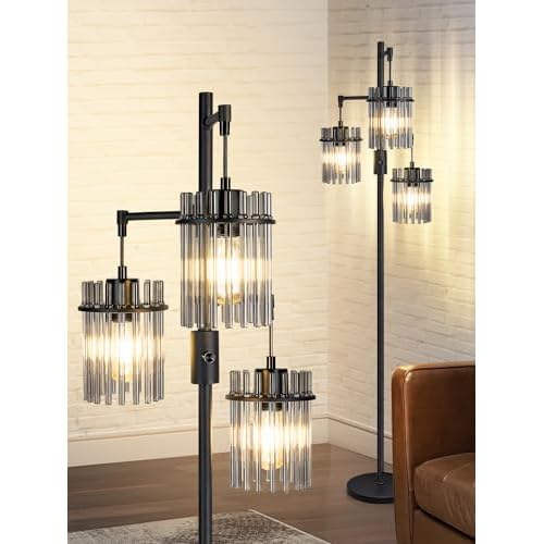 Industrial Modern Floor Lamps for Living Room, Dimmable Glass Tree Standing Tall Lamps with 3 Elegant Teardrop Cage Head & 800 Lumens LED Bulbs for Bedroom Office (66inch Tall)