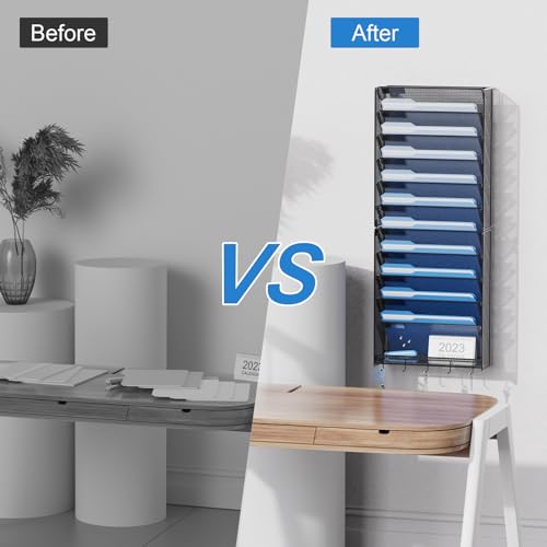 OUTWOLF 12-Pocket Hanging Wall File Organizer with Hooks - Vertical Wall Mount Office Storage