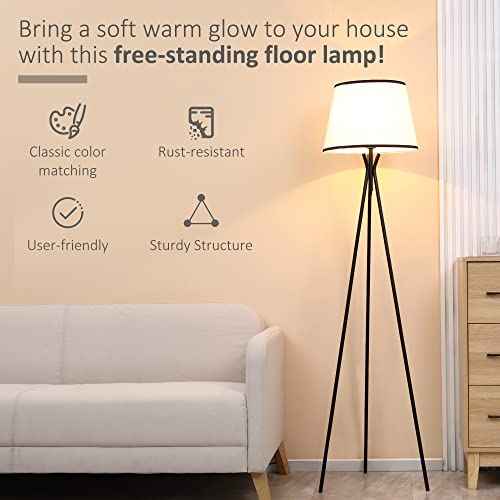 HOMCOM Modern Tripod Floor Lamp, Freestanding Lamp w/Fabric Lampshade and E26 Base for Living Room, No Bulb - Black