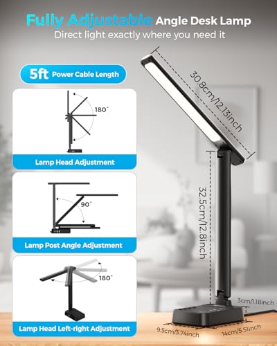 Sompaty Matte Black LED Desk Lamp with Power Strip, 3 AC Outlets, 4 USB Ports, Dimmable, 5FT