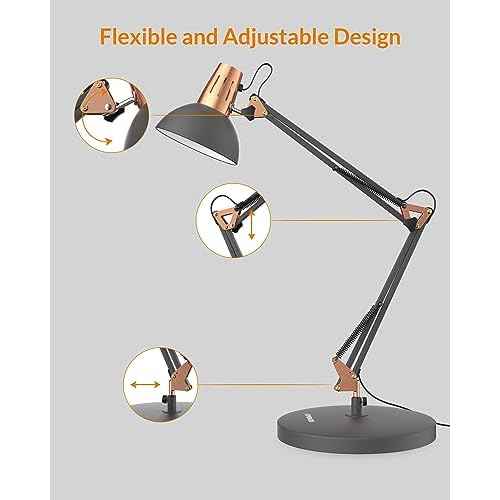 LEPOWER Metal Desk Lamp, Adjustable Goose Neck Architect Table Lamp with On/Off Switch, Swing Arm Desk Lamp with Clamp, Eye-Caring Reading Lamp for Bedroom, Study Room &Office (Sandy Black)