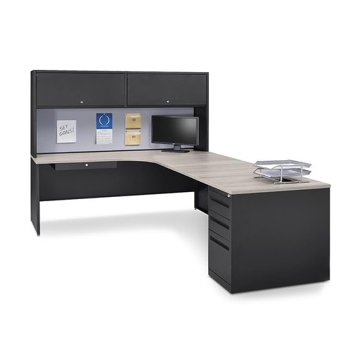 NBF Carbon L Shaped Executive Office Desk with Hutch - Durable Laminate Computer Desk with 3 Drawers - Modern Desk with Storage and Cabinet - Work Desk with Right Return (72" W x 96" D, Gray, Maple)