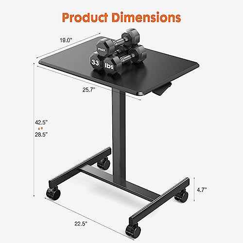 Sweetcrispy Small Mobile Rolling Standing Desk - Overbed Table, Teacher Podium with Wheels, Adjustable Work Table, Rolling Desk Laptop Computer Cart for Home, Office, Classroom, Black