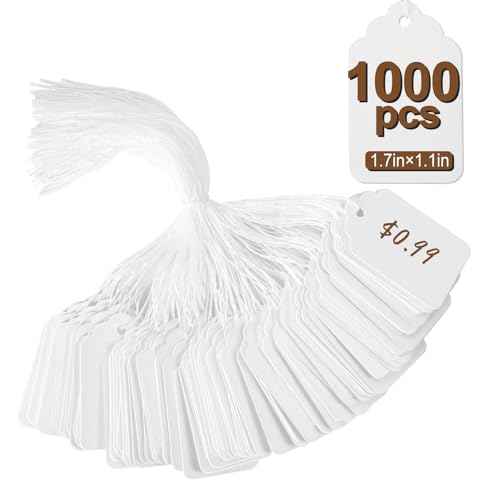 1000 PCS Price Tags with String,Actmuen 1.77 x 1.1 inches Hang Tag with Strings Attached,for Yard/Garage Sale¡®s Name Labels for Bags Clothes Jewelry,Price Labels for Retail
