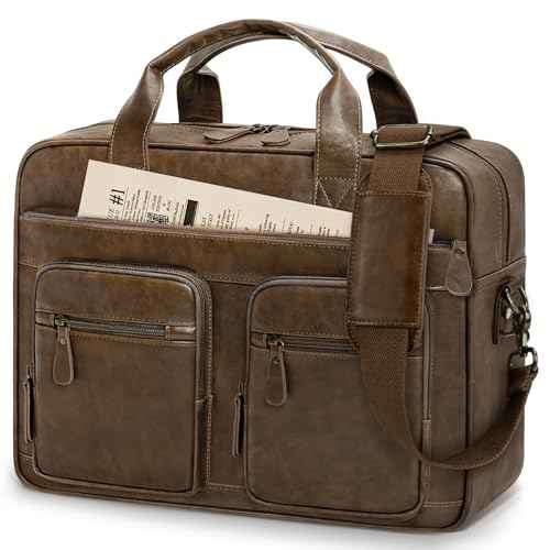 RAINSMORE Vintage Messenger Bag for Men PU Vegan Leather Computer Laptop Bag 15.6 Inch Waterproof Briefcases for Men Retro Mens Briefcase Satchel Bag for Work Office Business Travel Brown