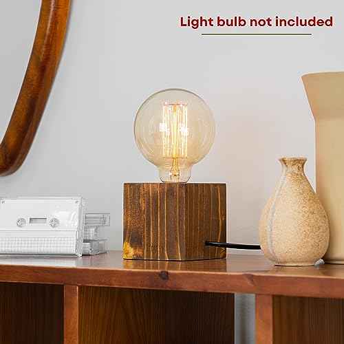 Cubic Handmade Edison Lamp with Wood Base Holder, Industrial Minimal Desk Lamp with Brass Dimmer, Dimmable Decorative Lamp for Home Lighting Decor, Housewarming Gift, Light Brown