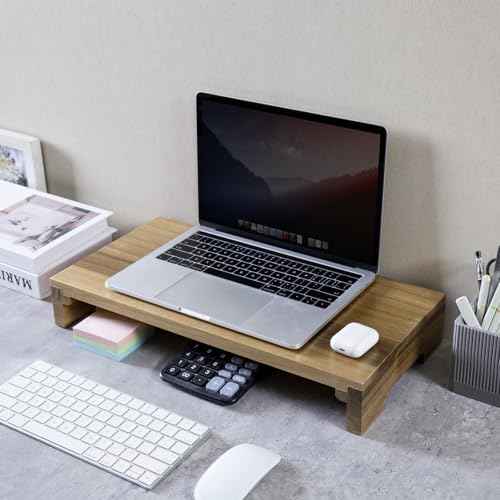MyGift Premium Acacia Solid Wood Desk Monitor Stand, Laptop Riser & Keyboard Storage ? Wooden Desktop Organizer for Screen Display and Workspace Organization