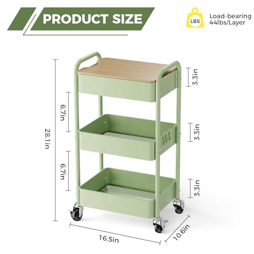 Johgee 3-Tier Rolling Cart with Tabletop - Locking Wheels, Removable Top Board, 150lb Capacity (Green)