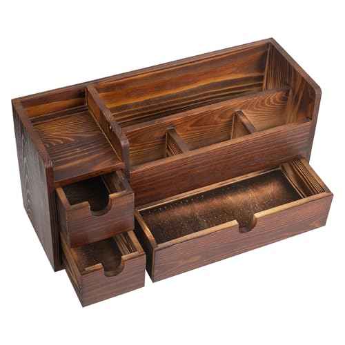 Rustic Brown Wooden Desktop Organizer Drawers Removable Office Supplies Torched Wood Storage Cabinet Caddy Box Stationery Pencil Slots Mail Holder Notes Accessories Home Makeup Tools Cosmetics