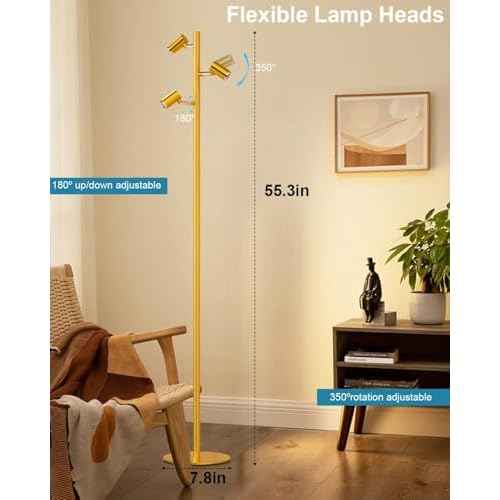 Lightdot 55IN LED Tree Floor Lamp for Living Room, Modern Standing Lamp with 3 Adjustable Rotating Lights, 3000K Warm White Standing Tall Pole Lamps for Living Room, Bedroom, Home, Office-Gold