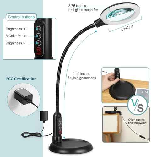 10X Magnifying Glass with Light and Clamp, 5 Color Modes Stepless Dimmable Lighted Magnifier with Stand, Flexible Gooseneck LED Desk Lamp Hands Free for Craft Reading Painting Hobby Close Work