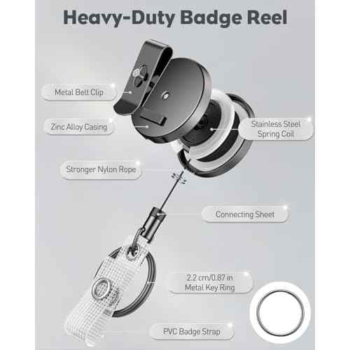 Uniclife 2 Pack Heavy Duty Metal Retractable Badge Reel for Badge Holder Retractable Keychain All Metal Casing with Stainless Steel Spring Coil 23.6 Inch Nylon Rope Belt Clip and Key Ring