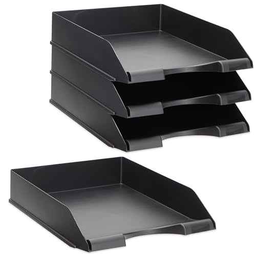 Stockroom Plus Letter Trays - 4-Pack, Black, 10 x 13.5 x 2.5 in - Stackable Paper Trays & Desktop File Organizer - Mail Organizer & Document Storage